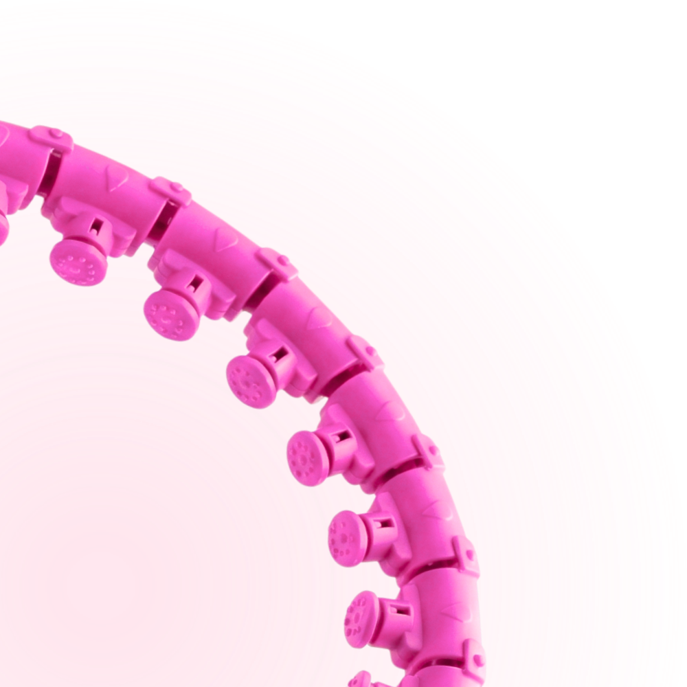 Nærbillede af pink Northoop hulahopring med klik-mekanisme og massageknopper